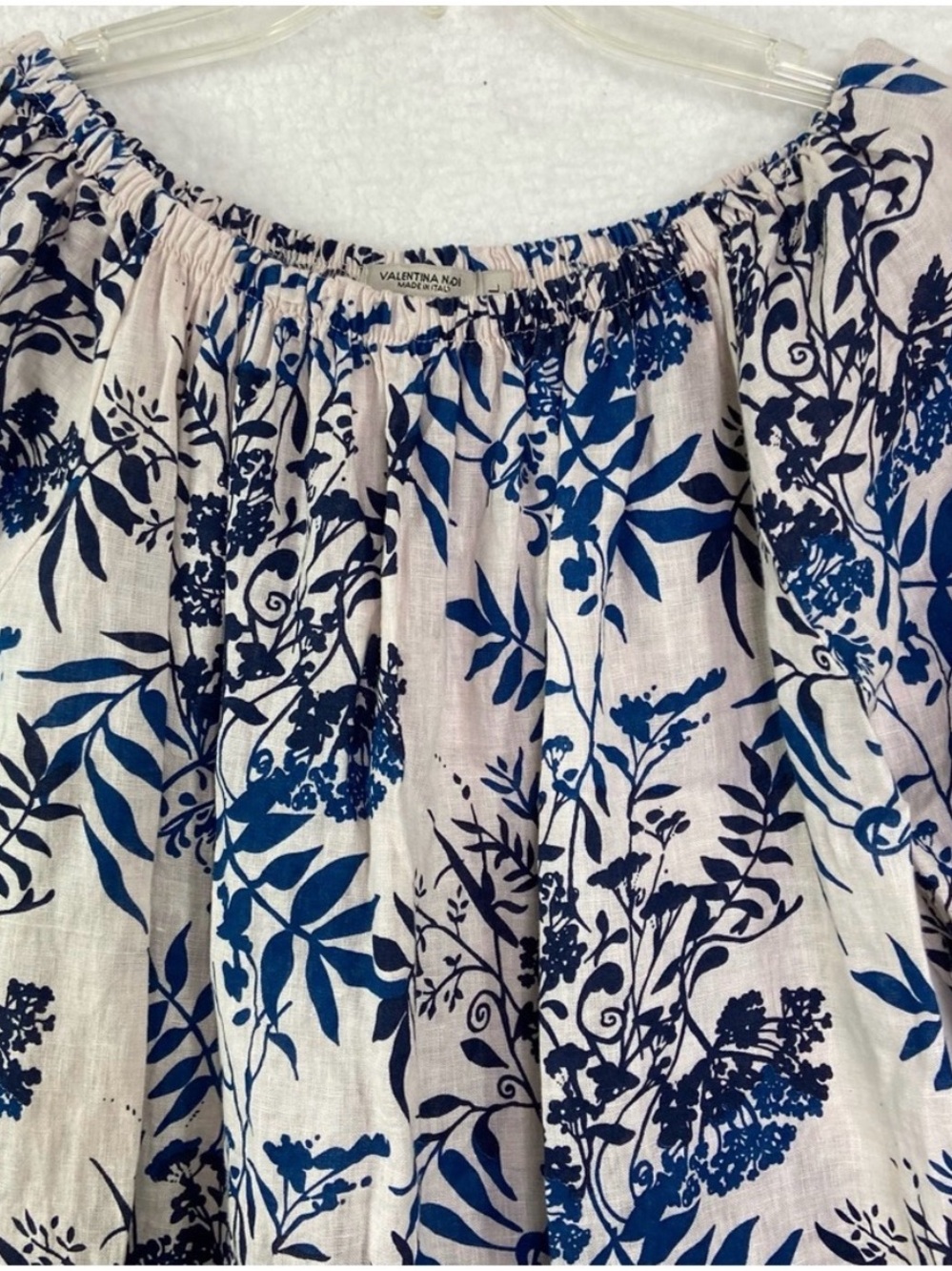 Valentina Naldi Italian Linen Floral Off-Shoulder Tunic Dress - Blue on Cream - Picture 5 of 10